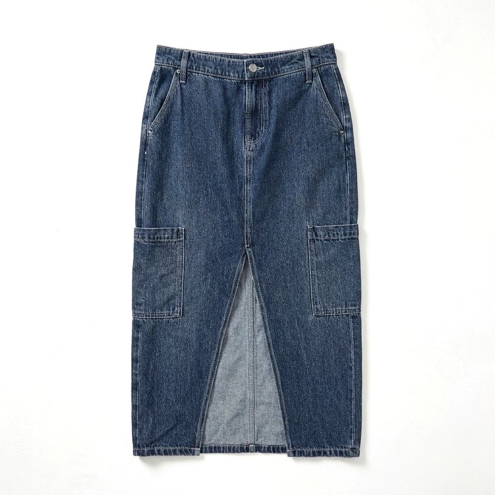 Old Navy Drapey Denim Column Maxi Skirt Blue Wash Mid Rise Front Slit Womens 2